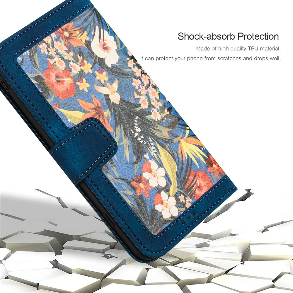 For iPhone 17 Pro Max Case PU Leather Floral Phone Cover with Card Slots / Wrist Strap - Dark Blue - Image 7