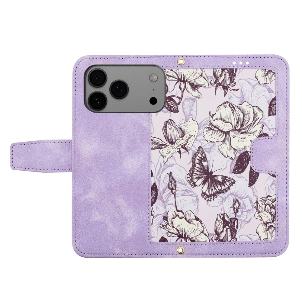For iPhone 17 Pro Max Case PU Leather Floral Phone Cover with Card Slots / Wrist Strap - Light Purple - Image 2