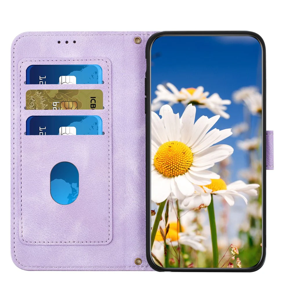 For iPhone 17 Pro Max Case PU Leather Floral Phone Cover with Card Slots / Wrist Strap - Light Purple - Image 5