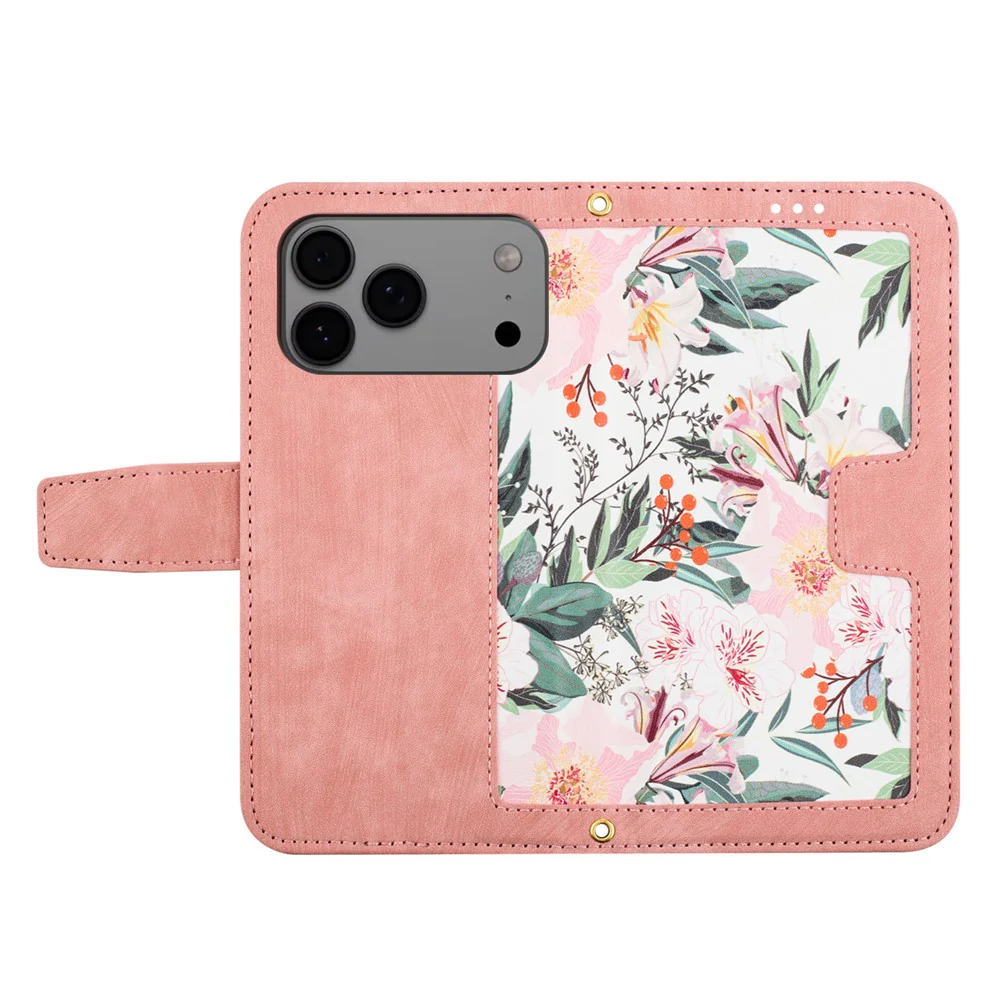 For iPhone 17 Pro Max Case PU Leather Floral Phone Cover with Card Slots / Wrist Strap - Pink - Image 2