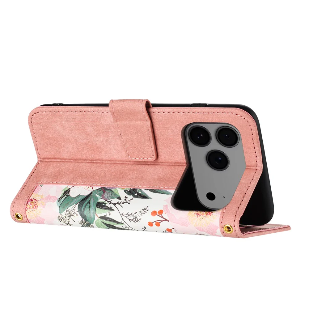 For iPhone 17 Pro Max Case PU Leather Floral Phone Cover with Card Slots / Wrist Strap - Pink - Image 3