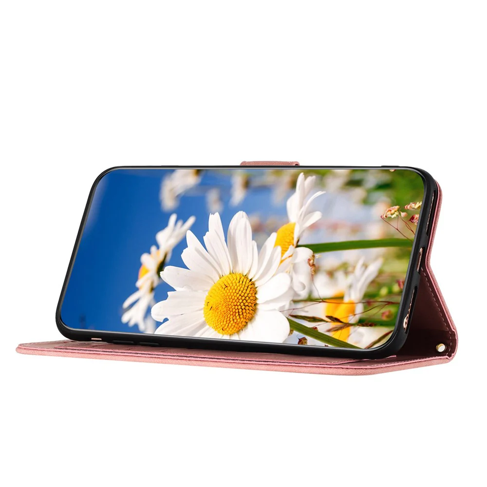 For iPhone 17 Pro Max Case PU Leather Floral Phone Cover with Card Slots / Wrist Strap - Pink - Image 4