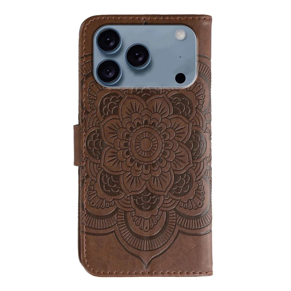 For iPhone 17 Pro Max Case PU Leather Mandala Imprinted Design Wallet Phone Cover with Wrist Strap - Brown - Image 5