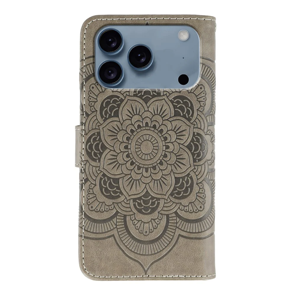 For iPhone 17 Pro Max Case PU Leather Mandala Imprinted Design Wallet Phone Cover with Wrist Strap - Grey - Image 5