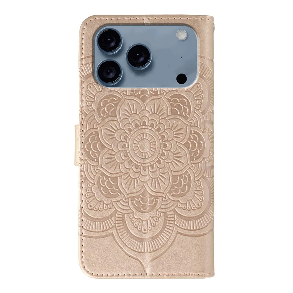 For iPhone 17 Pro Max Case PU Leather Mandala Imprinted Design Wallet Phone Cover with Wrist Strap - Rose Gold - Image 5
