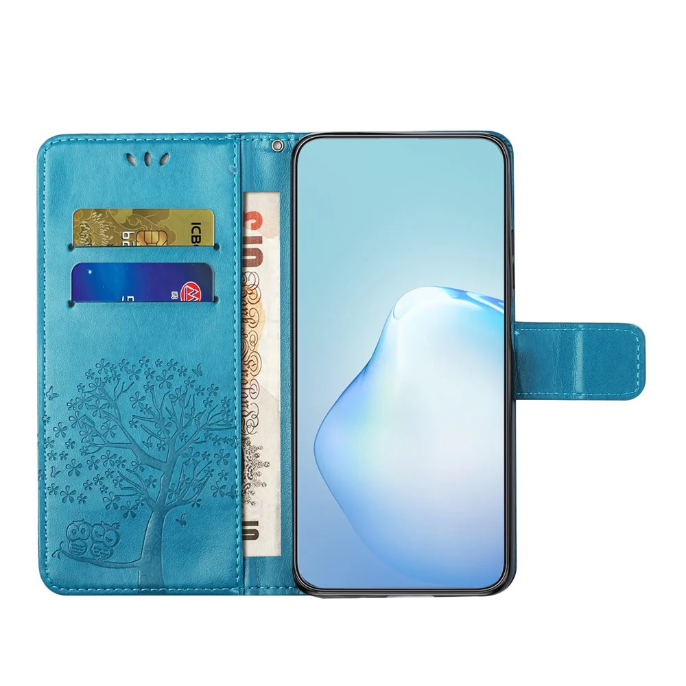 For iPhone 17 Pro Max Case PU Leather Owl Tree Imprinted Wallet Phone Cover with Strap - Blue - Image 2