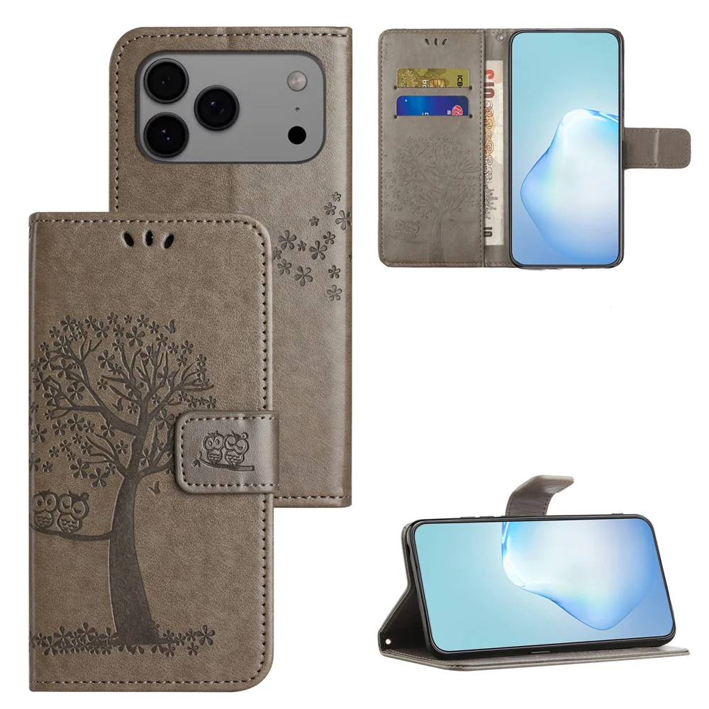 For iPhone 17 Pro Max Case PU Leather Owl Tree Imprinted Wallet Phone Cover with Strap - Grey - Image 6