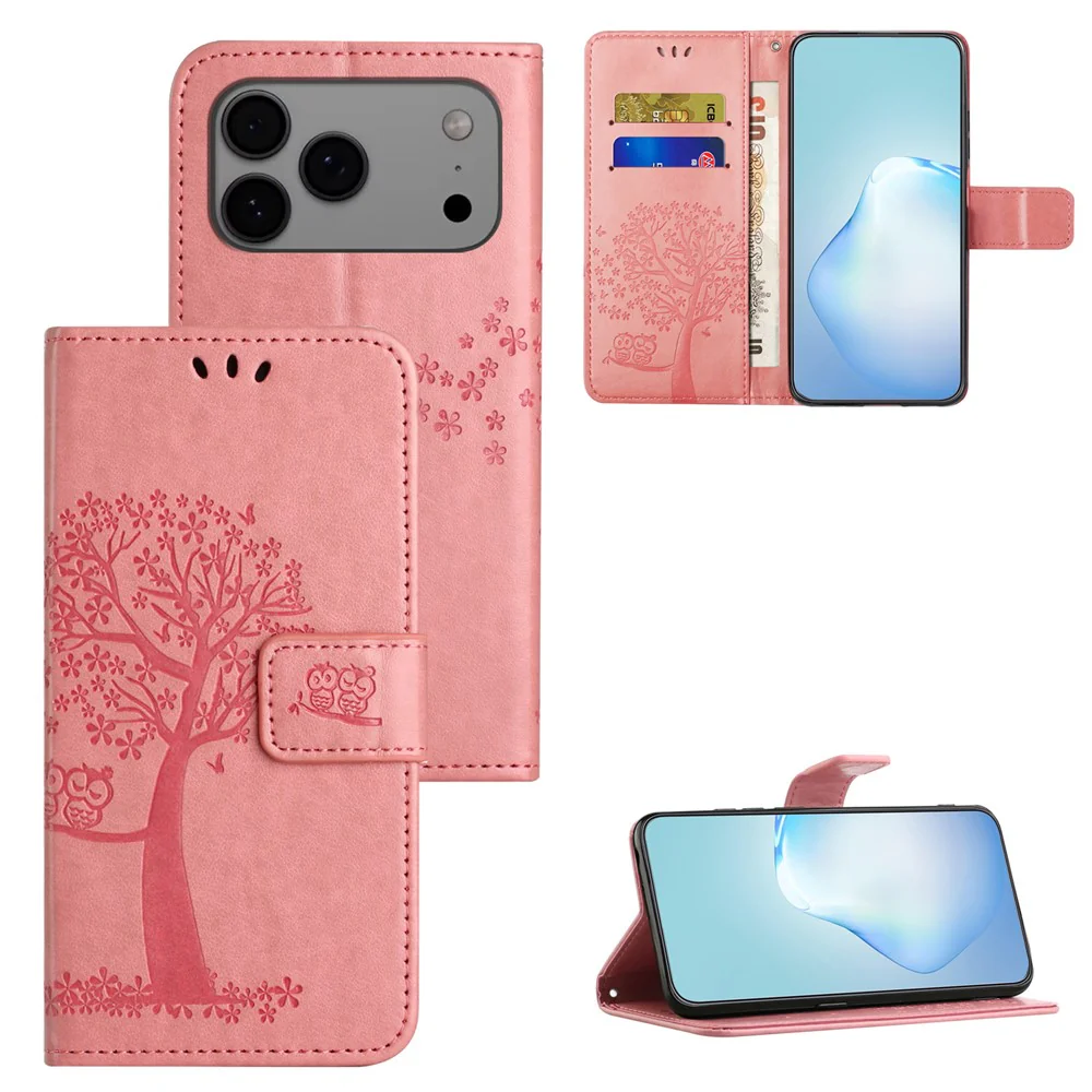 For iPhone 17 Pro Max Case PU Leather Owl Tree Imprinted Wallet Phone Cover with Strap - Pink - Image 6