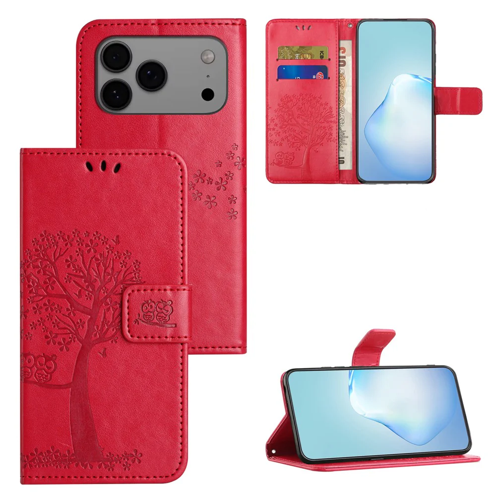 For iPhone 17 Pro Max Case PU Leather Owl Tree Imprinted Wallet Phone Cover with Strap - Red - Image 6
