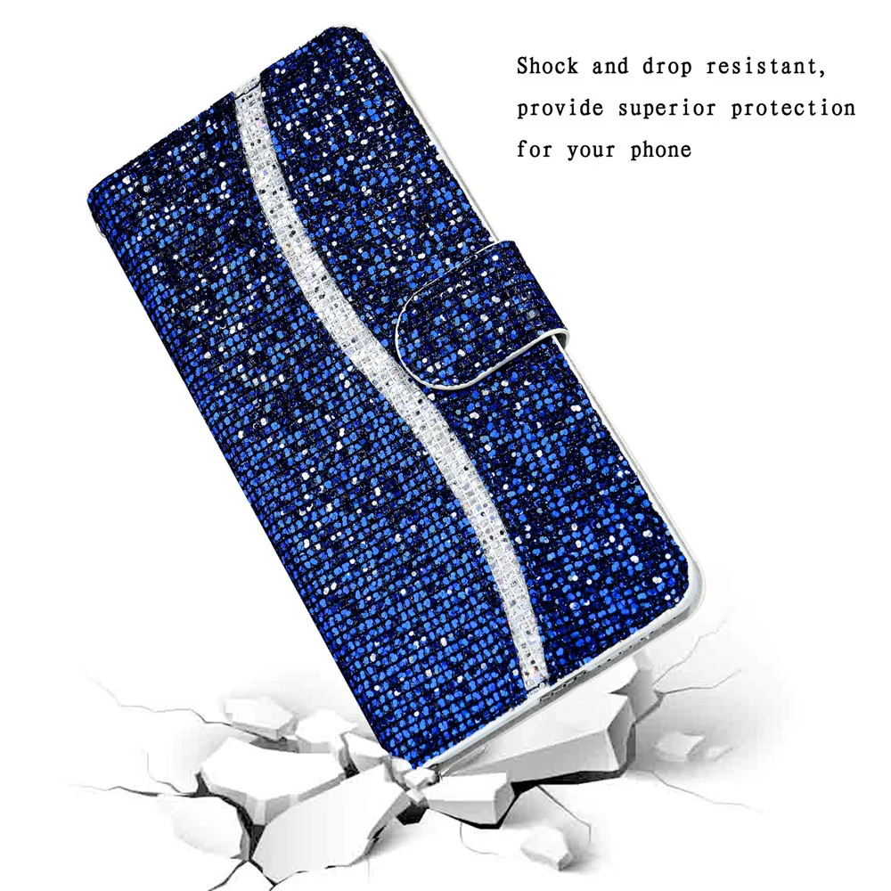 For iPhone 17 Pro Max Case PU Leather Wallet Card Slots Glitter Phone Cover - Blue - Image 6