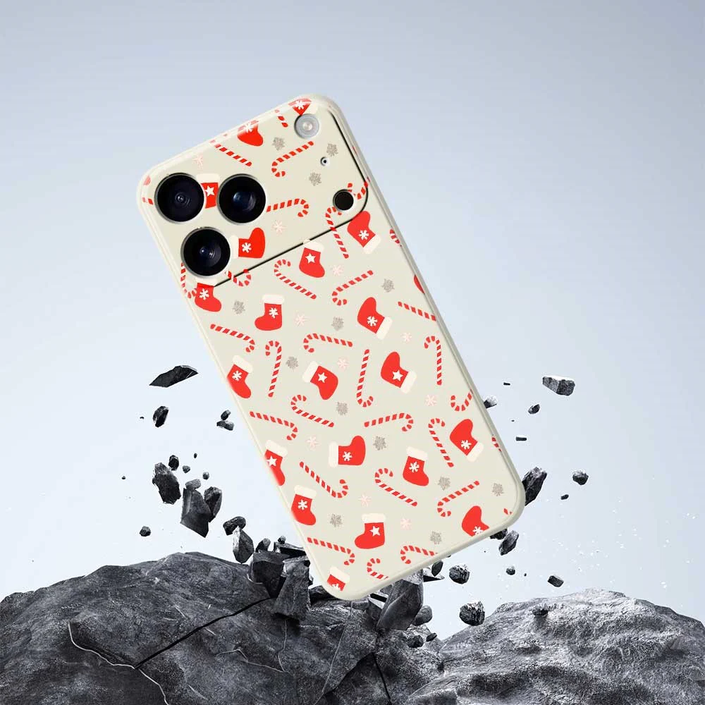 For iPhone 17 Pro Max Case Red Canes and Stockings Pattern Printing Straight Edge TPU Phone Back Cover - Beige - Image 5