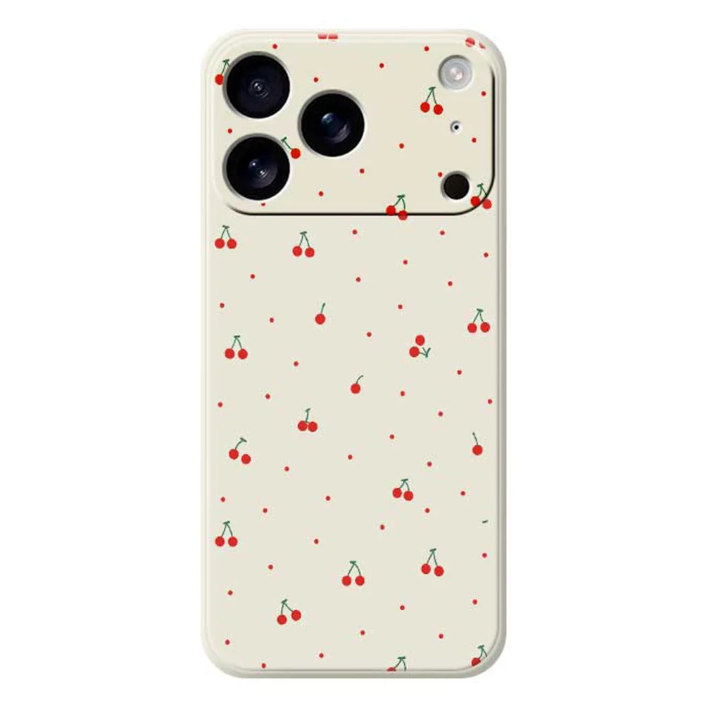 For iPhone 17 Pro Max Case Red Cherry Pattern Printing Straight Edge TPU Phone Back Cover - Beige