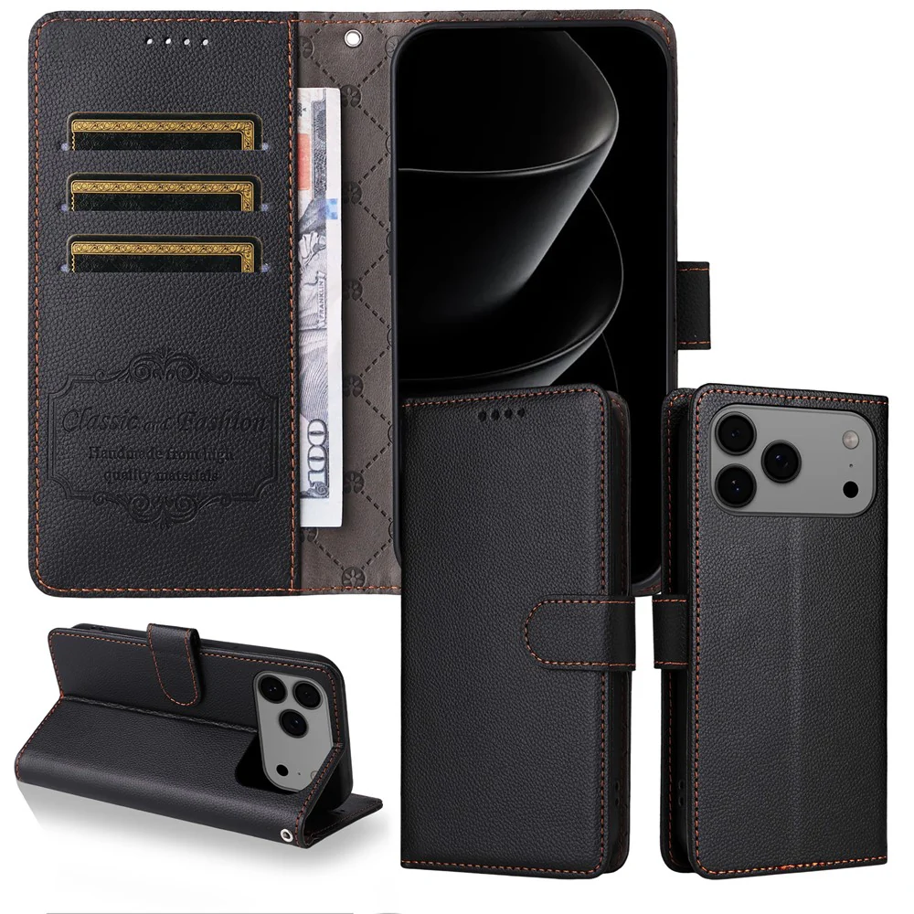 For iPhone 17 Pro Max Case RFID Blocking 3 Card Slots PU Leather Phone Cover with Wrist Strap - Black - Image 3