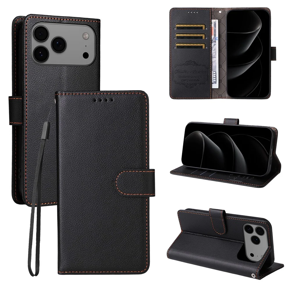 For iPhone 17 Pro Max Case RFID Blocking 3 Card Slots PU Leather Phone Cover with Wrist Strap - Black - Image 4
