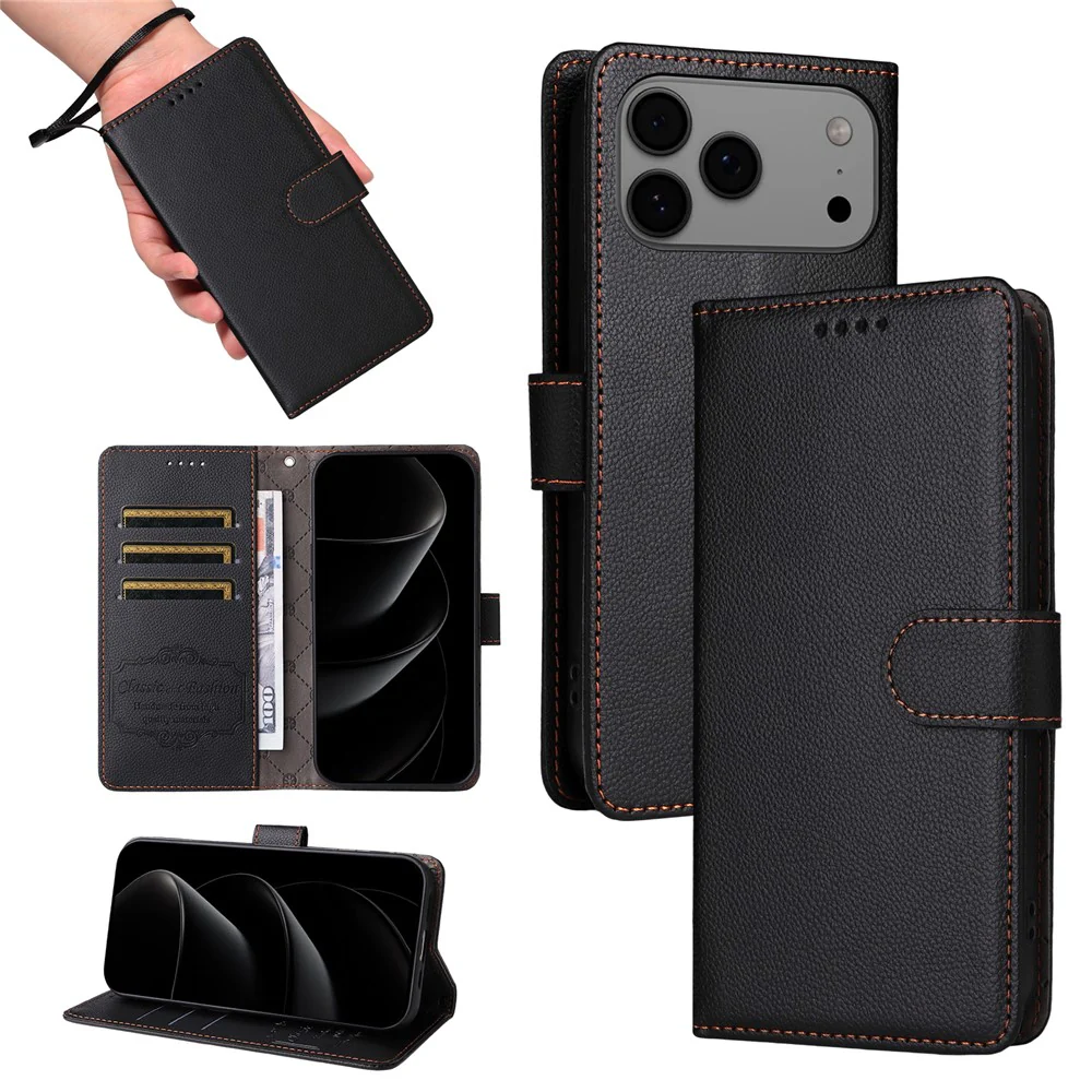 For iPhone 17 Pro Max Case RFID Blocking 3 Card Slots PU Leather Phone Cover with Wrist Strap - Black - Image 5