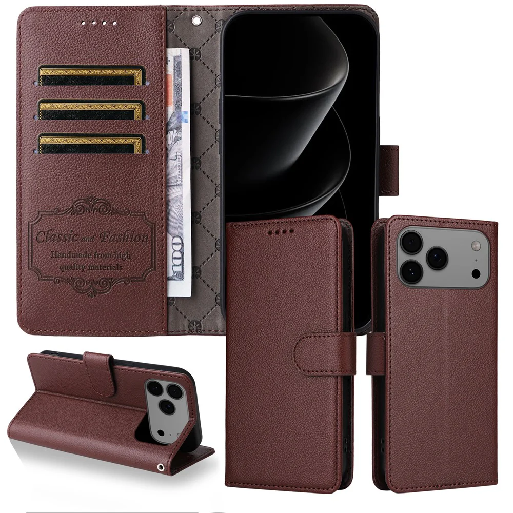For iPhone 17 Pro Max Case RFID Blocking 3 Card Slots PU Leather Phone Cover with Wrist Strap - Brown - Image 3