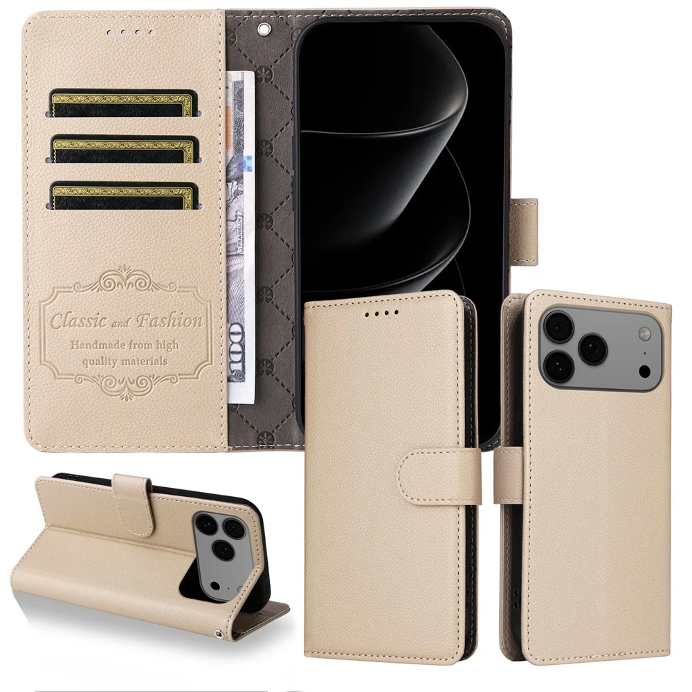 For iPhone 17 Pro Max Case RFID Blocking 3 Card Slots PU Leather Phone Cover with Wrist Strap - Creamy White - Image 3