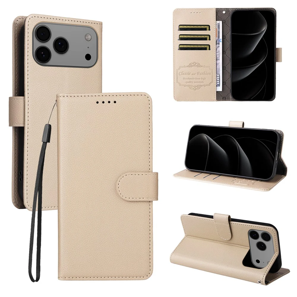 For iPhone 17 Pro Max Case RFID Blocking 3 Card Slots PU Leather Phone Cover with Wrist Strap - Creamy White - Image 4