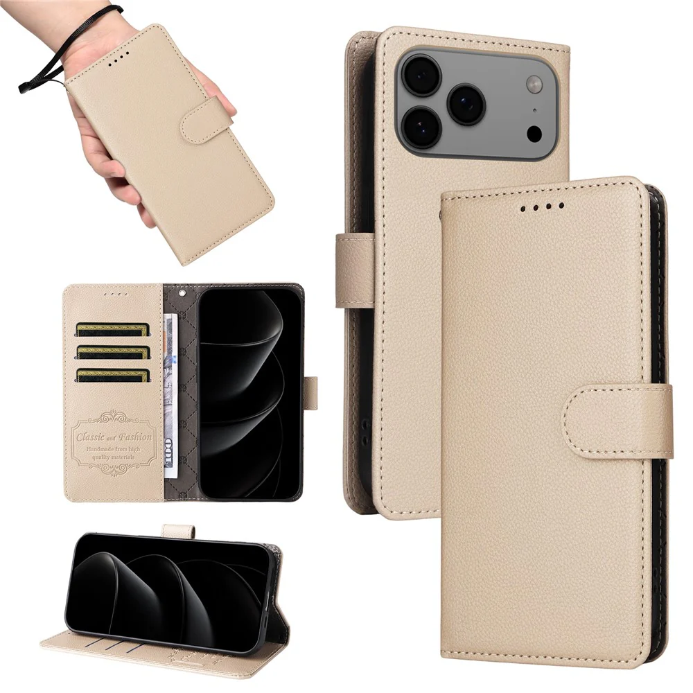 For iPhone 17 Pro Max Case RFID Blocking 3 Card Slots PU Leather Phone Cover with Wrist Strap - Creamy White - Image 5