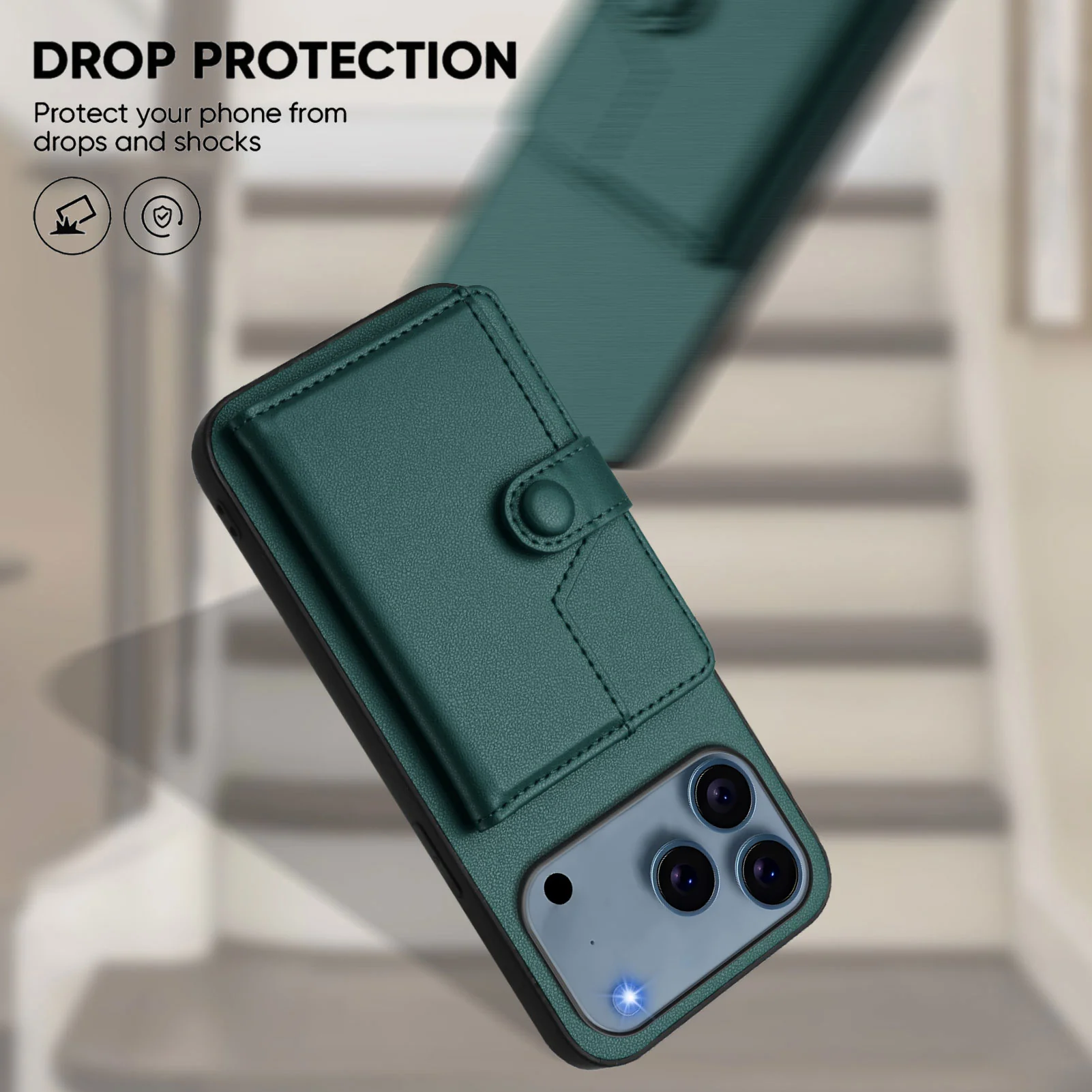 For iPhone 17 Pro Max Case RFID Blocking Card Holder Kickstand TPU + PU Leather Phone Back Cover - Green - Image 5