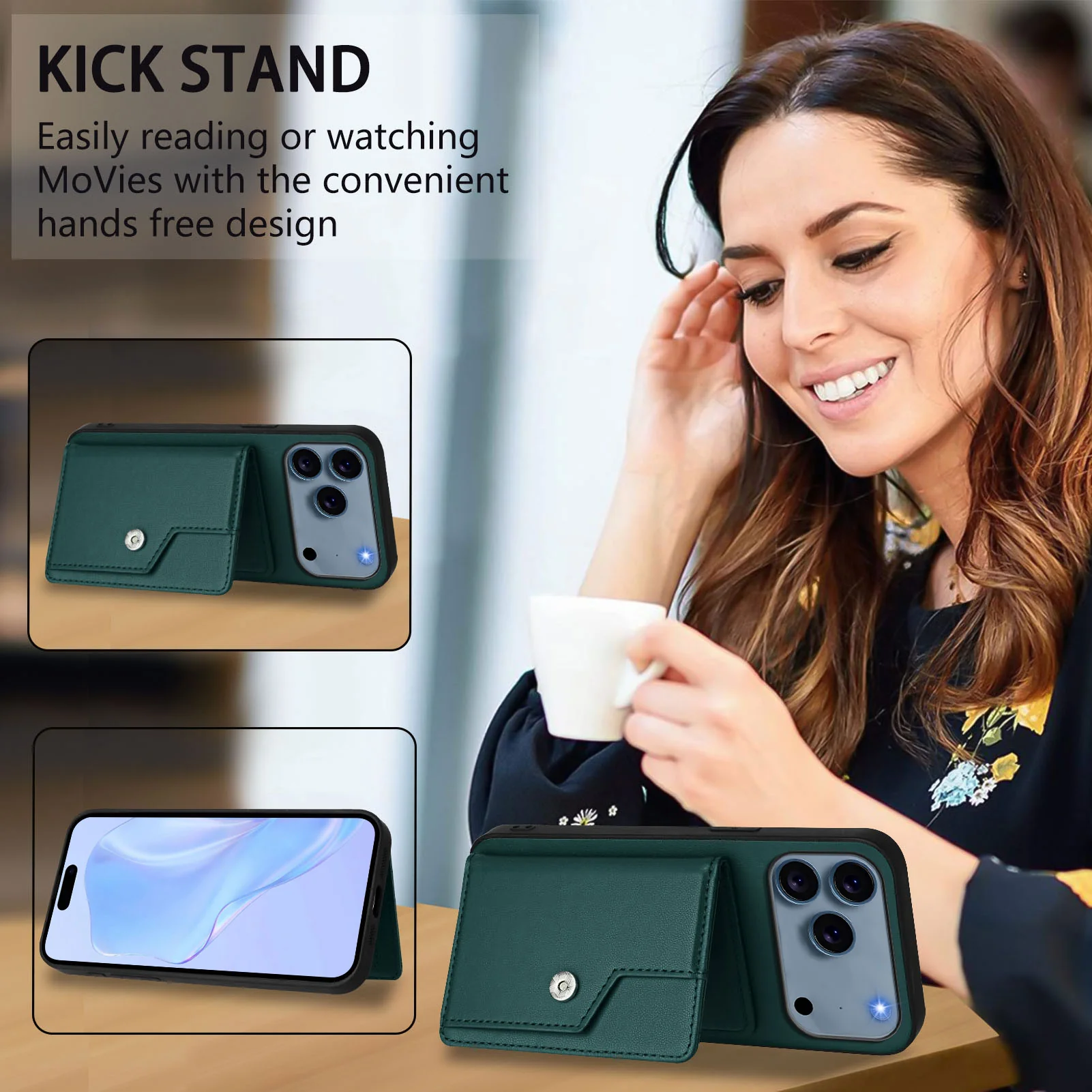 For iPhone 17 Pro Max Case RFID Blocking Card Holder Kickstand TPU + PU Leather Phone Back Cover - Green - Image 7
