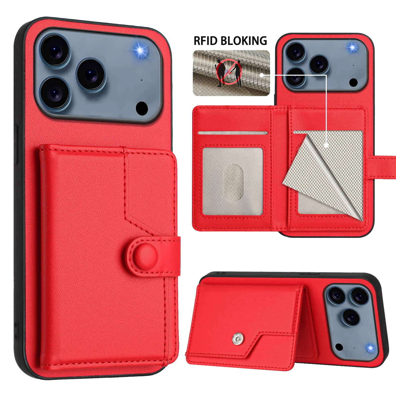For iPhone 17 Pro Max Case RFID Blocking Card Holder Kickstand TPU + PU Leather Phone Back Cover - Red - Image 3