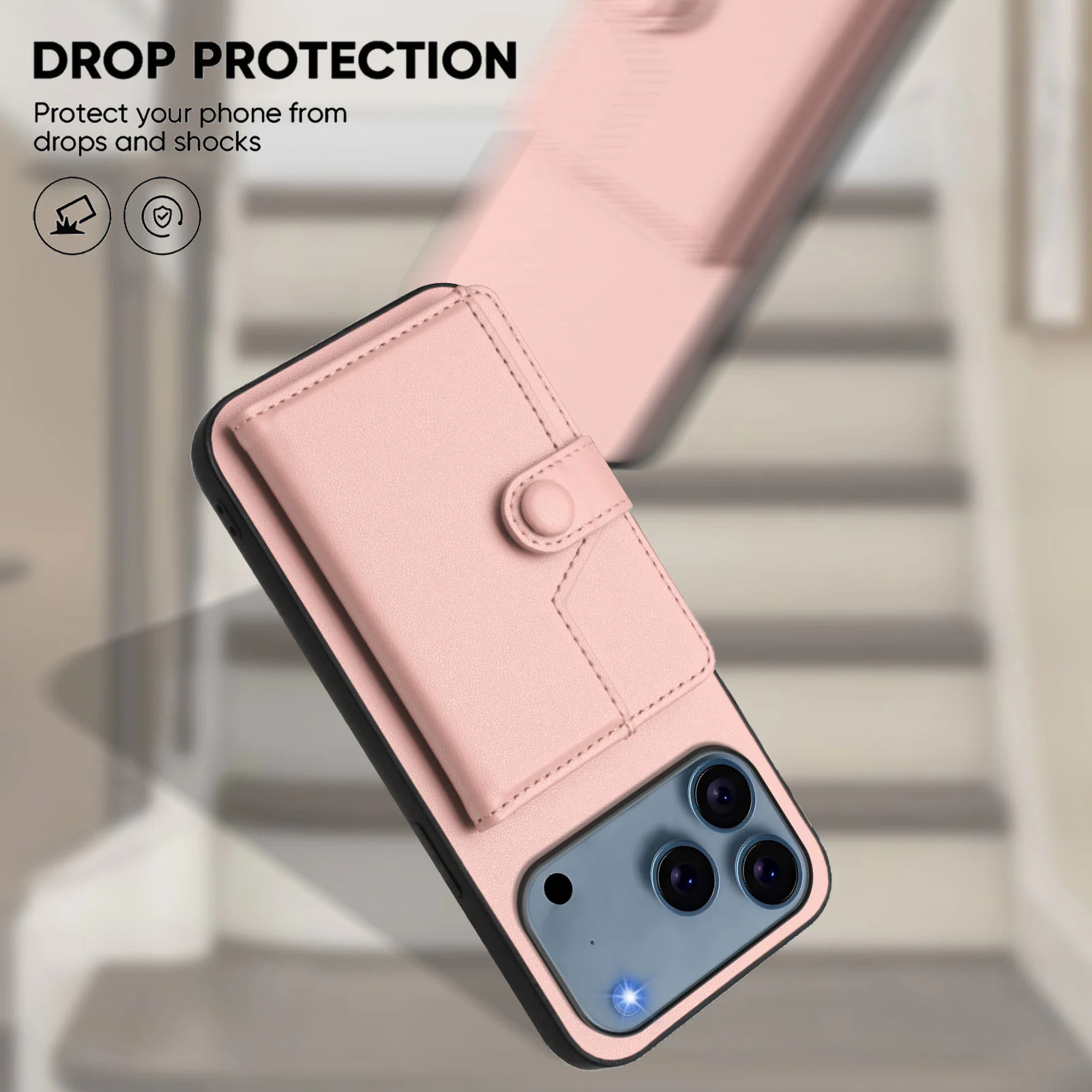 For iPhone 17 Pro Max Case RFID Blocking Card Holder Kickstand TPU + PU Leather Phone Back Cover - Rose Gold - Image 5