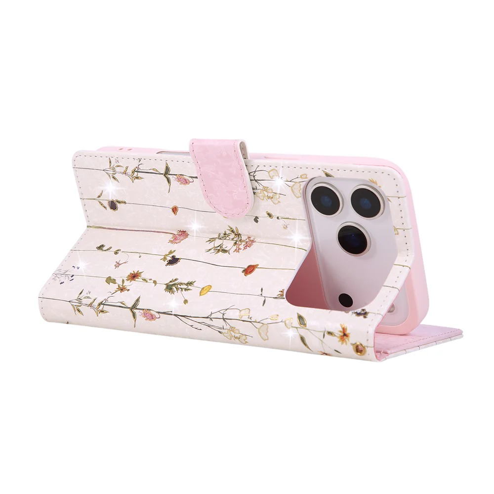 For iPhone 17 Pro Max Case RFID Blocking Flower Leather Phone Cover with Wrist Strap - Small Flower - Image 4