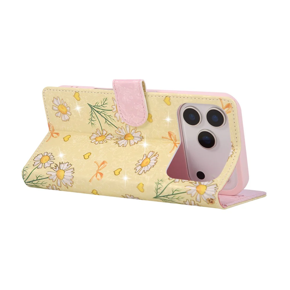 For iPhone 17 Pro Max Case RFID Blocking Flower Leather Phone Cover with Wrist Strap - Yellow Daisy - Image 4