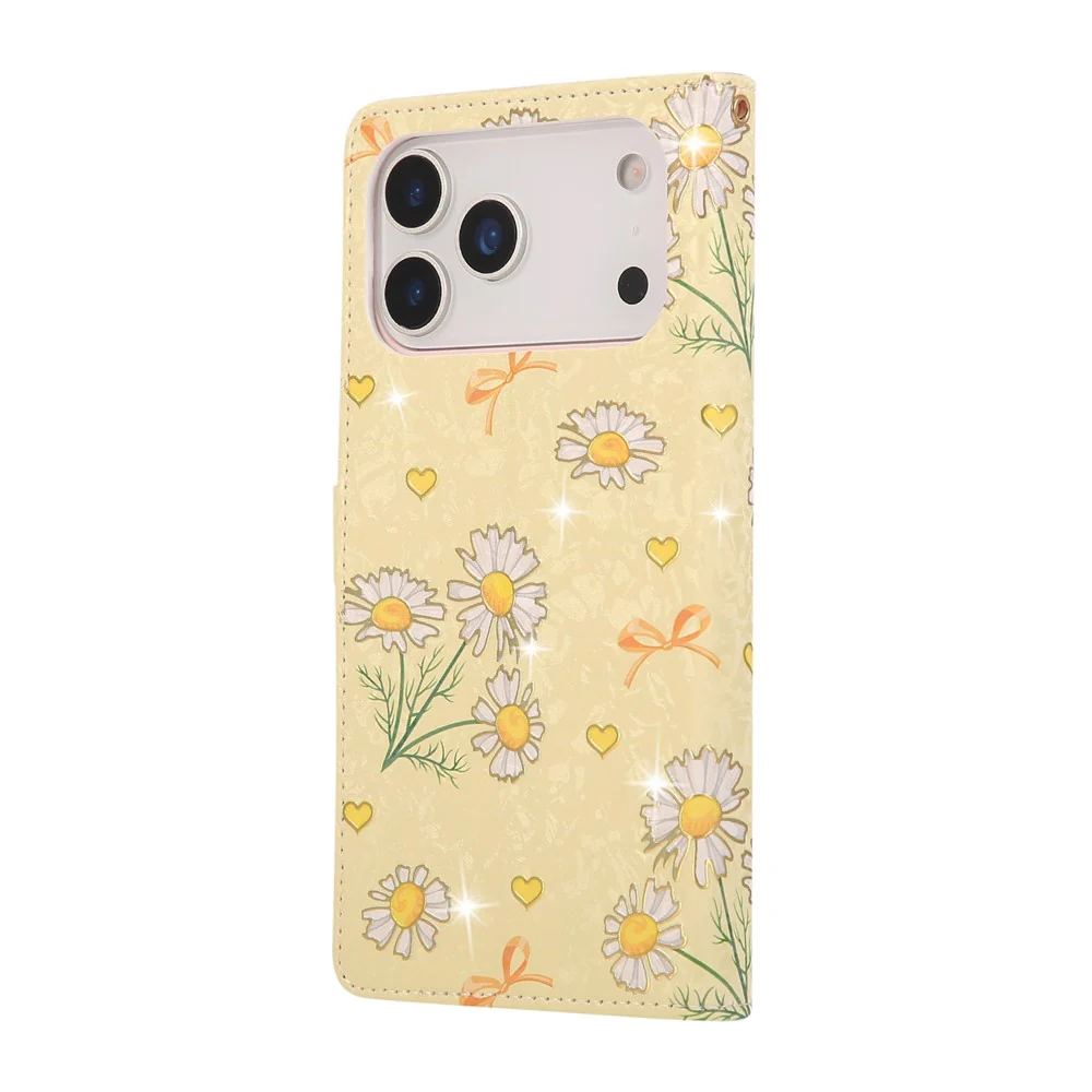 For iPhone 17 Pro Max Case RFID Blocking Flower Leather Phone Cover with Wrist Strap - Yellow Daisy - Image 6