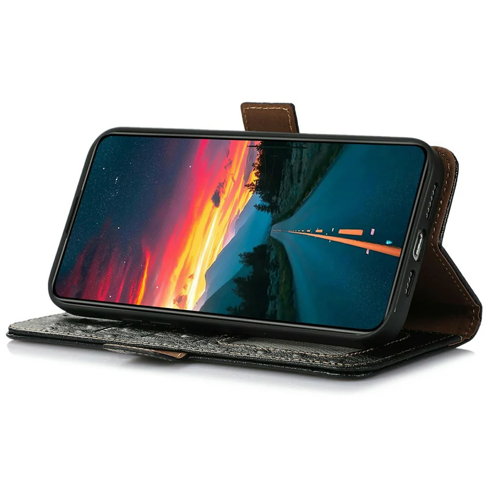 For iPhone 17 Pro Max Case RFID Blocking Genuine Cow Leather Phone Case Ostrich Texture - Black - Image 3