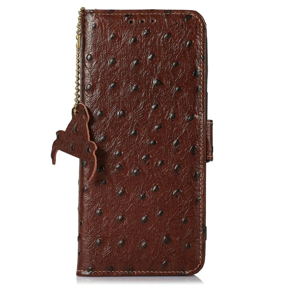 For iPhone 17 Pro Max Case RFID Blocking Genuine Cow Leather Phone Case Ostrich Texture - Coffee - Image 6