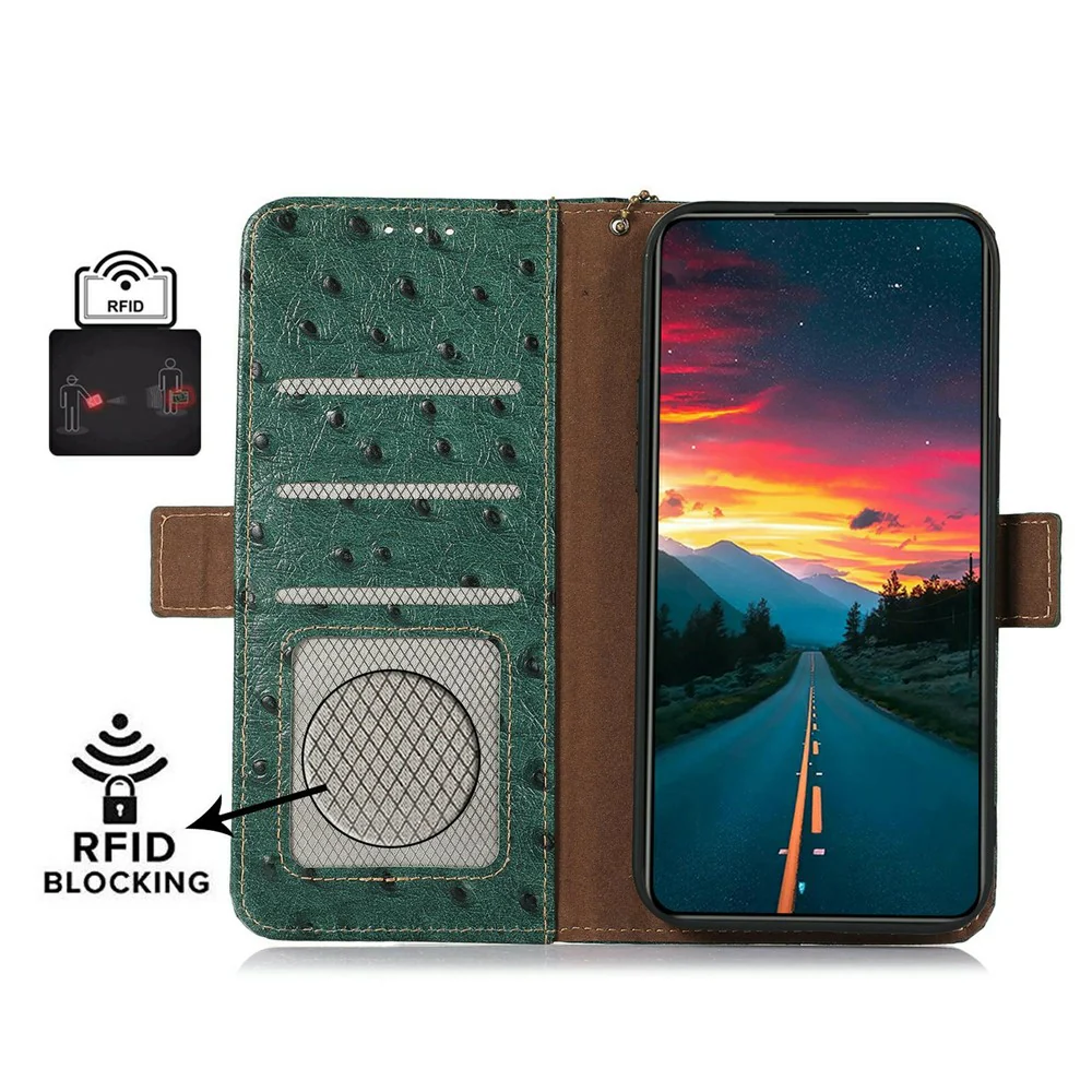 For iPhone 17 Pro Max Case RFID Blocking Genuine Cow Leather Phone Case Ostrich Texture - Green - Image 4