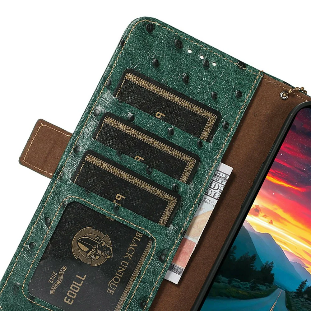 For iPhone 17 Pro Max Case RFID Blocking Genuine Cow Leather Phone Case Ostrich Texture - Green - Image 5