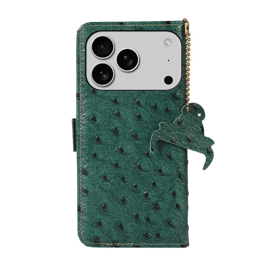 For iPhone 17 Pro Max Case RFID Blocking Genuine Cow Leather Phone Case Ostrich Texture - Green - Image 7