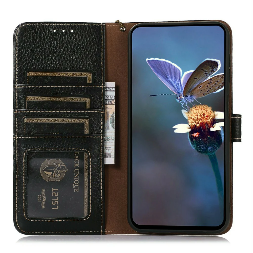 For iPhone 17 Pro Max Case RFID Blocking Genuine Cow Leather Phone Cover Litchi Texture - Black - Image 2