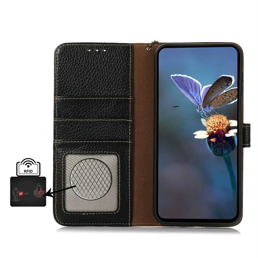 For iPhone 17 Pro Max Case RFID Blocking Genuine Cow Leather Phone Cover Litchi Texture - Black - Image 4
