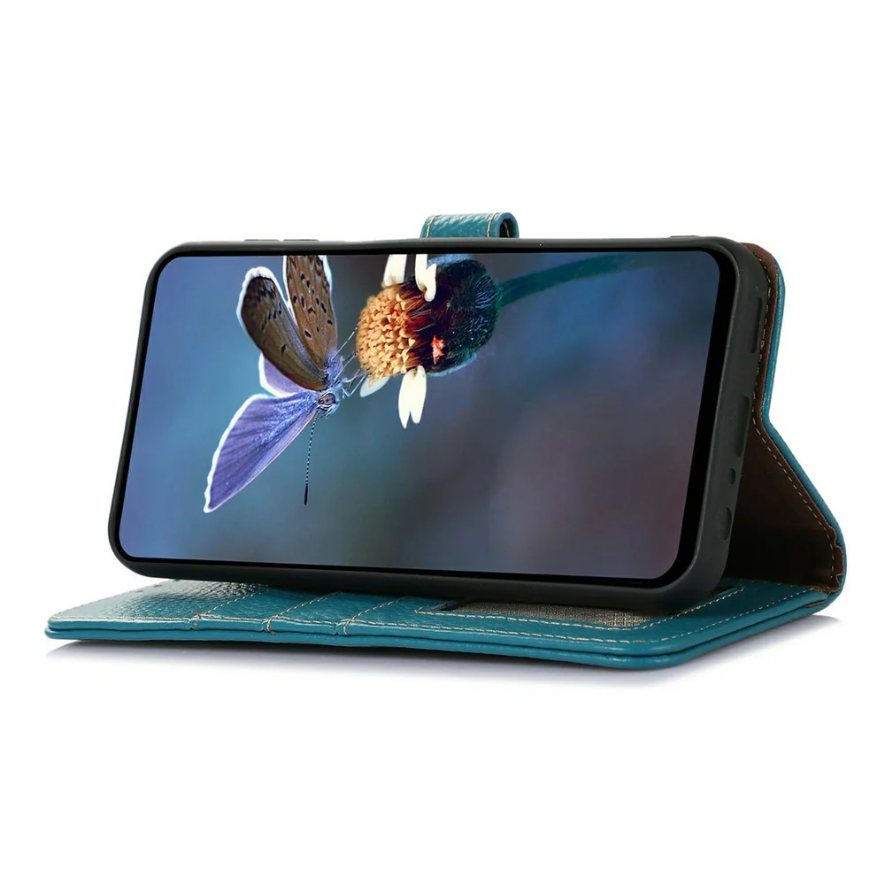 For iPhone 17 Pro Max Case RFID Blocking Genuine Cow Leather Phone Cover Litchi Texture - Blue - Image 3