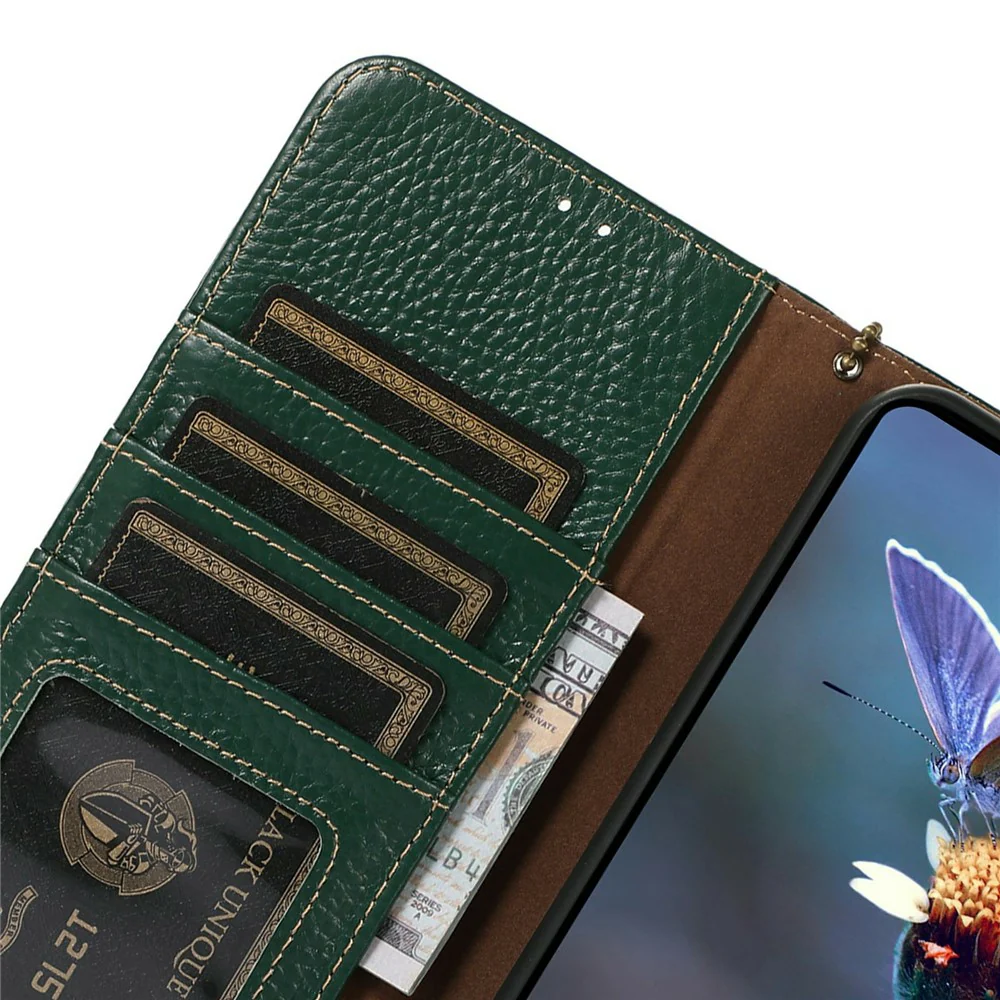 For iPhone 17 Pro Max Case RFID Blocking Genuine Cow Leather Phone Cover Litchi Texture - Green - Image 5