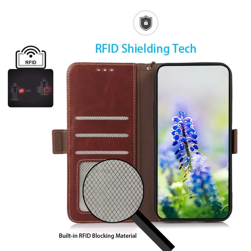 For iPhone 17 Pro Max Case RFID Blocking Genuine Cow Leather Wallet Phone Cover - Brown - Image 4