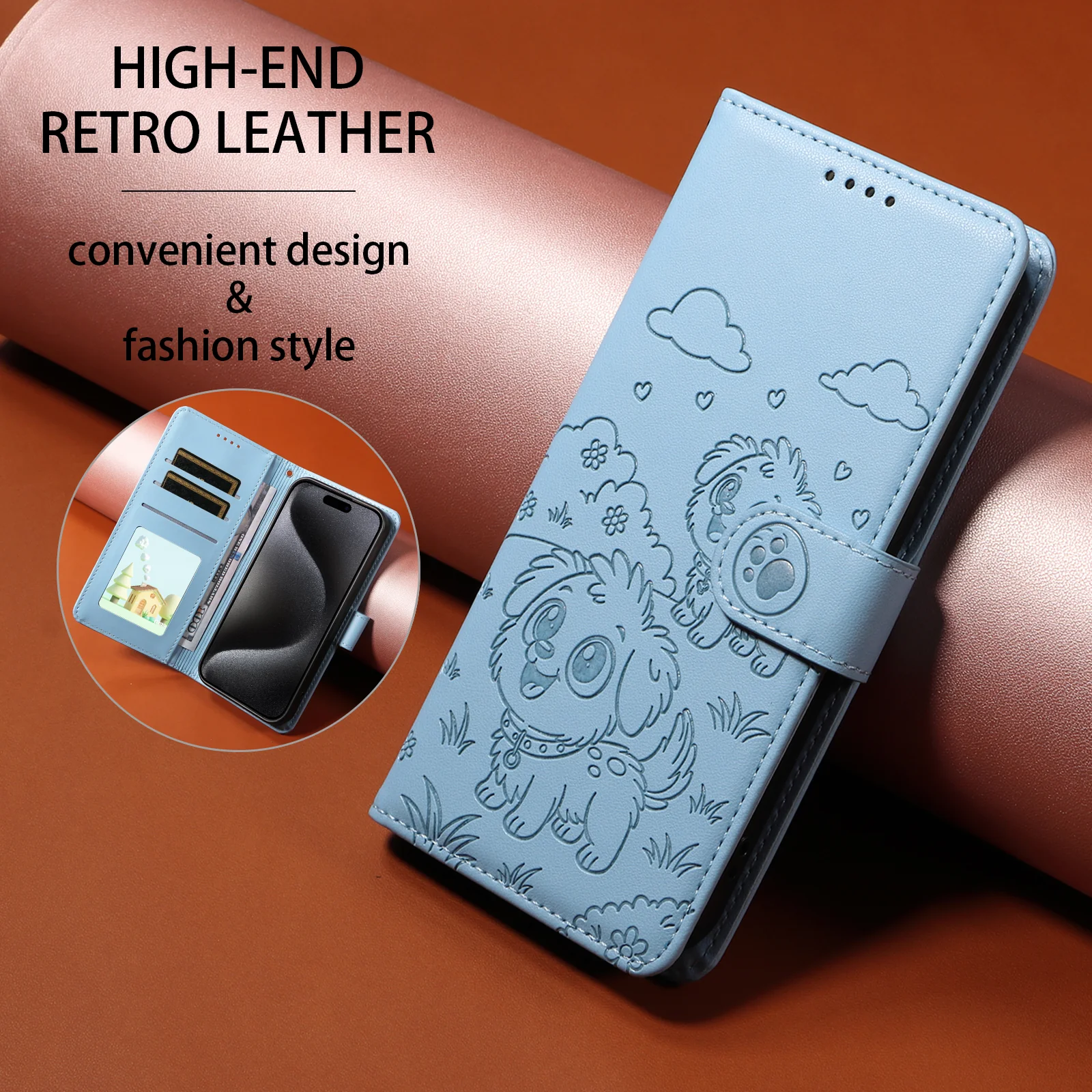 For iPhone 17 Pro Max Case RFID Blocking Imprinted Dog Pattern PU Leather Phone Cover with Wrist Strap - Blue - Image 7