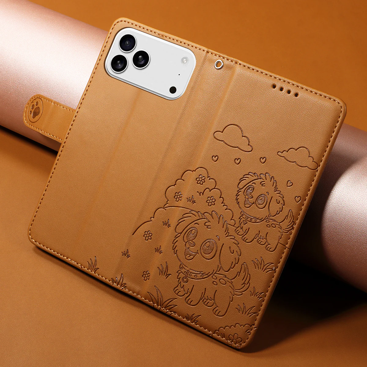 For iPhone 17 Pro Max Case RFID Blocking Imprinted Dog Pattern PU Leather Phone Cover with Wrist Strap - Brown - Image 4
