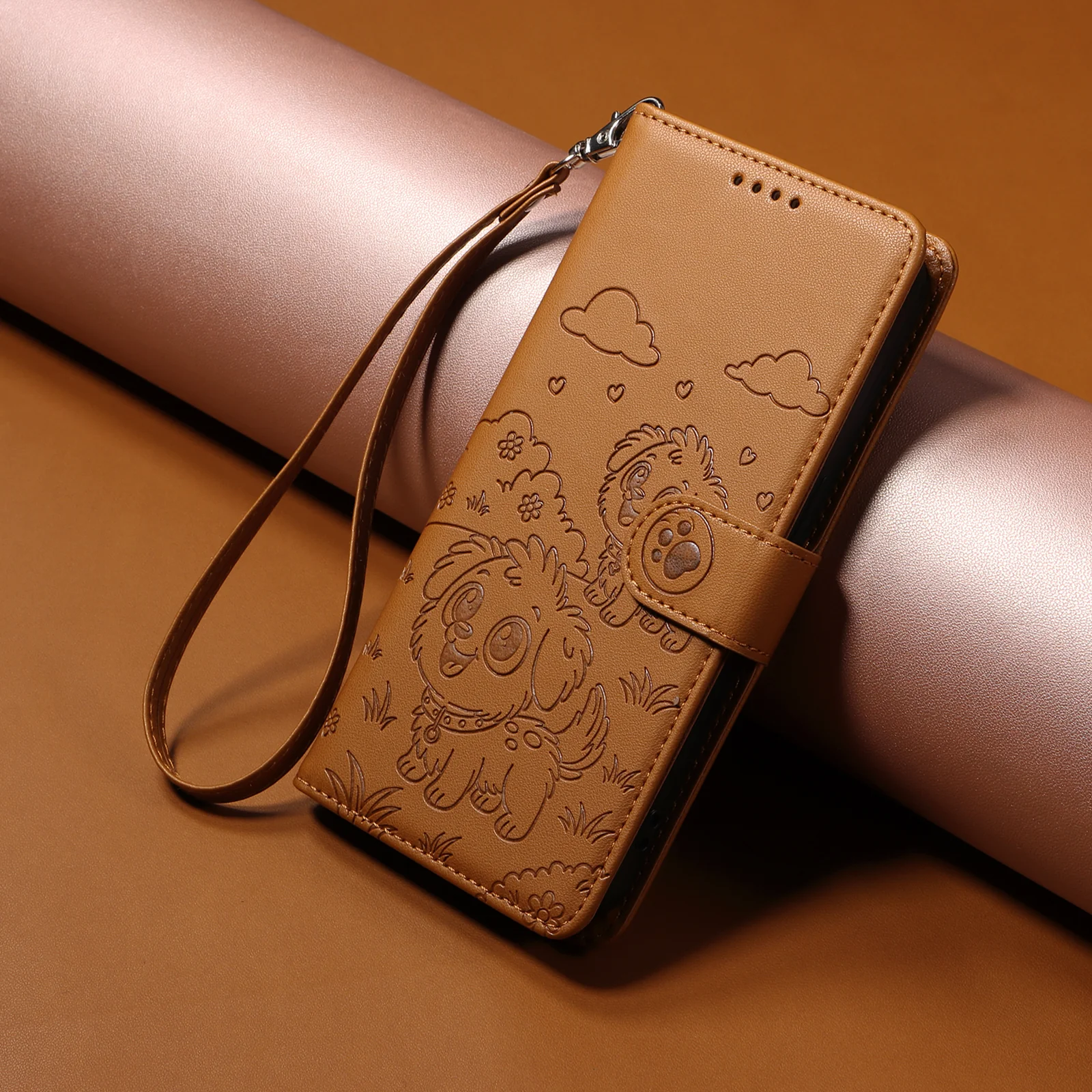 For iPhone 17 Pro Max Case RFID Blocking Imprinted Dog Pattern PU Leather Phone Cover with Wrist Strap - Brown - Image 6