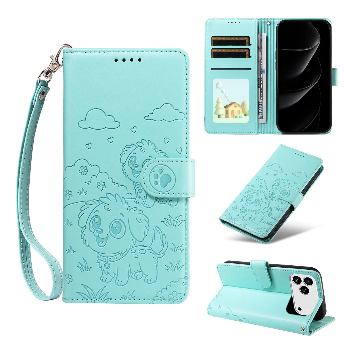 For iPhone 17 Pro Max Case RFID Blocking Imprinted Dog Pattern PU Leather Phone Cover with Wrist Strap - Green - Image 2