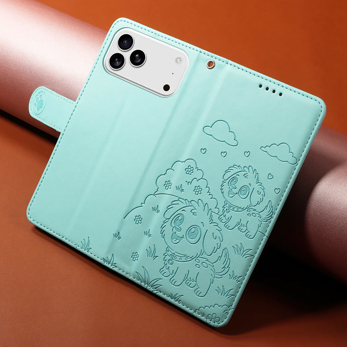 For iPhone 17 Pro Max Case RFID Blocking Imprinted Dog Pattern PU Leather Phone Cover with Wrist Strap - Green - Image 4