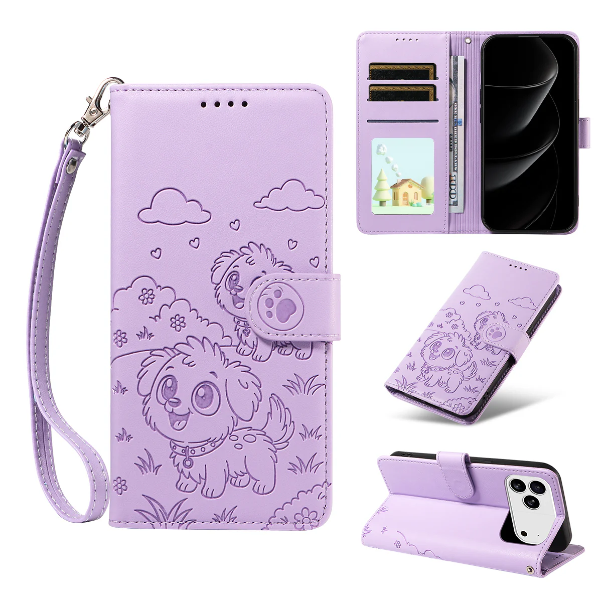 For iPhone 17 Pro Max Case RFID Blocking Imprinted Dog Pattern PU Leather Phone Cover with Wrist Strap - Purple - Image 2