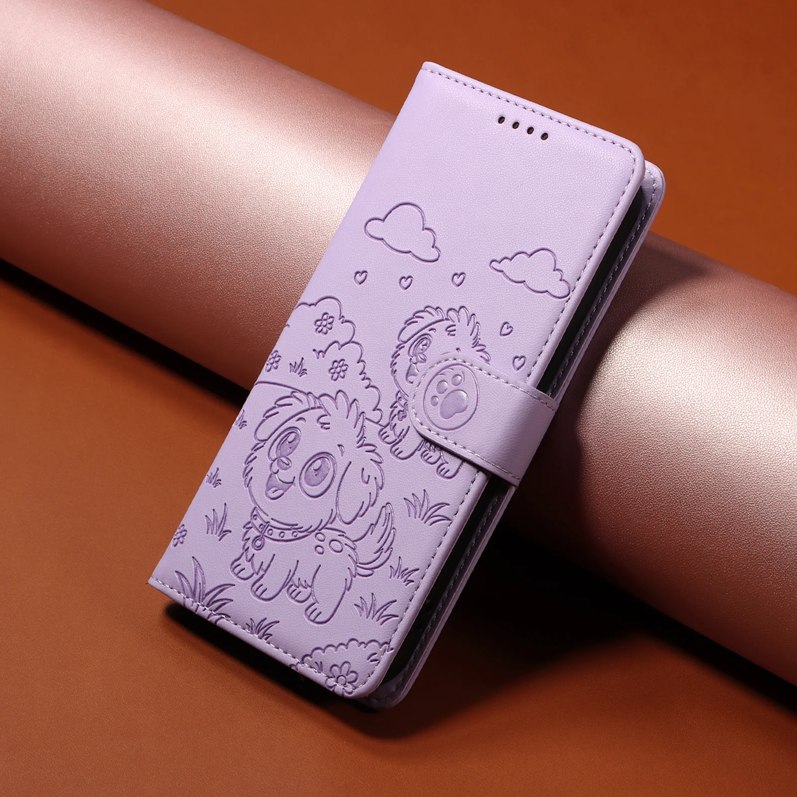 For iPhone 17 Pro Max Case RFID Blocking Imprinted Dog Pattern PU Leather Phone Cover with Wrist Strap - Purple - Image 5