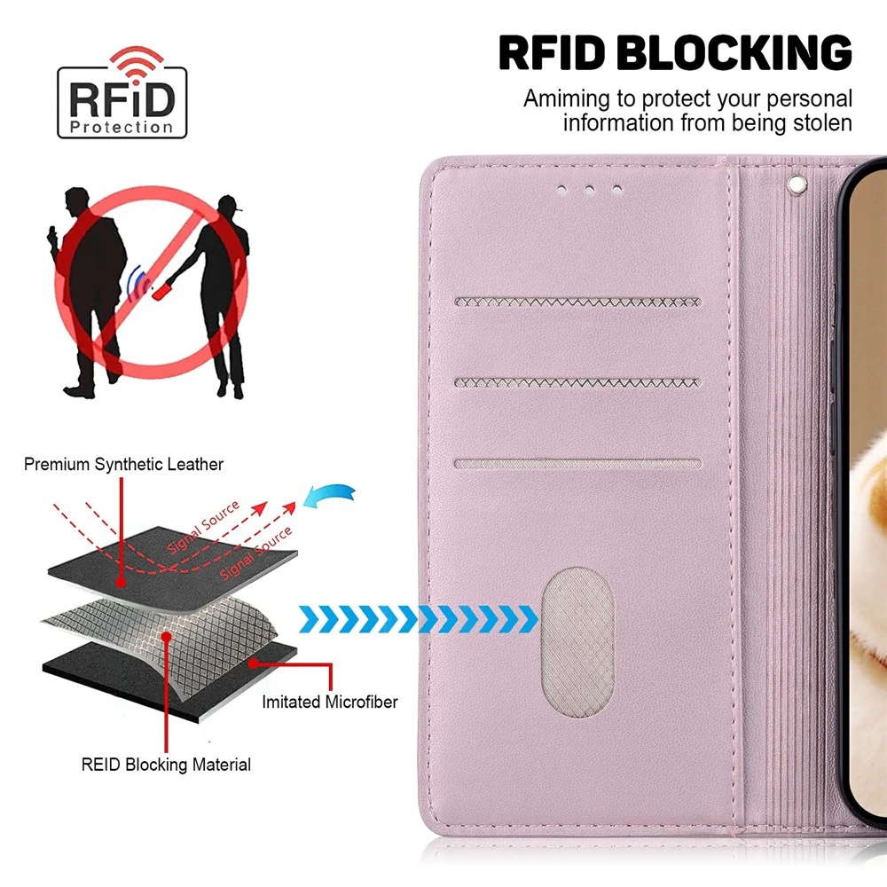 For iPhone 17 Pro Max Case RFID Blocking Kitten Pattern TPU + PU Leather Phone Cover with Wrist Strap - Pink - Image 4