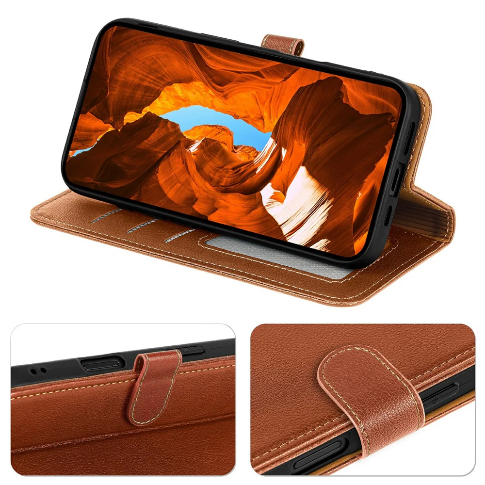 For iPhone 17 Pro Max Case RFID Blocking Wallet Litchi Texture Leather Phone Cover Magnetic Clasp - Brown - Image 3