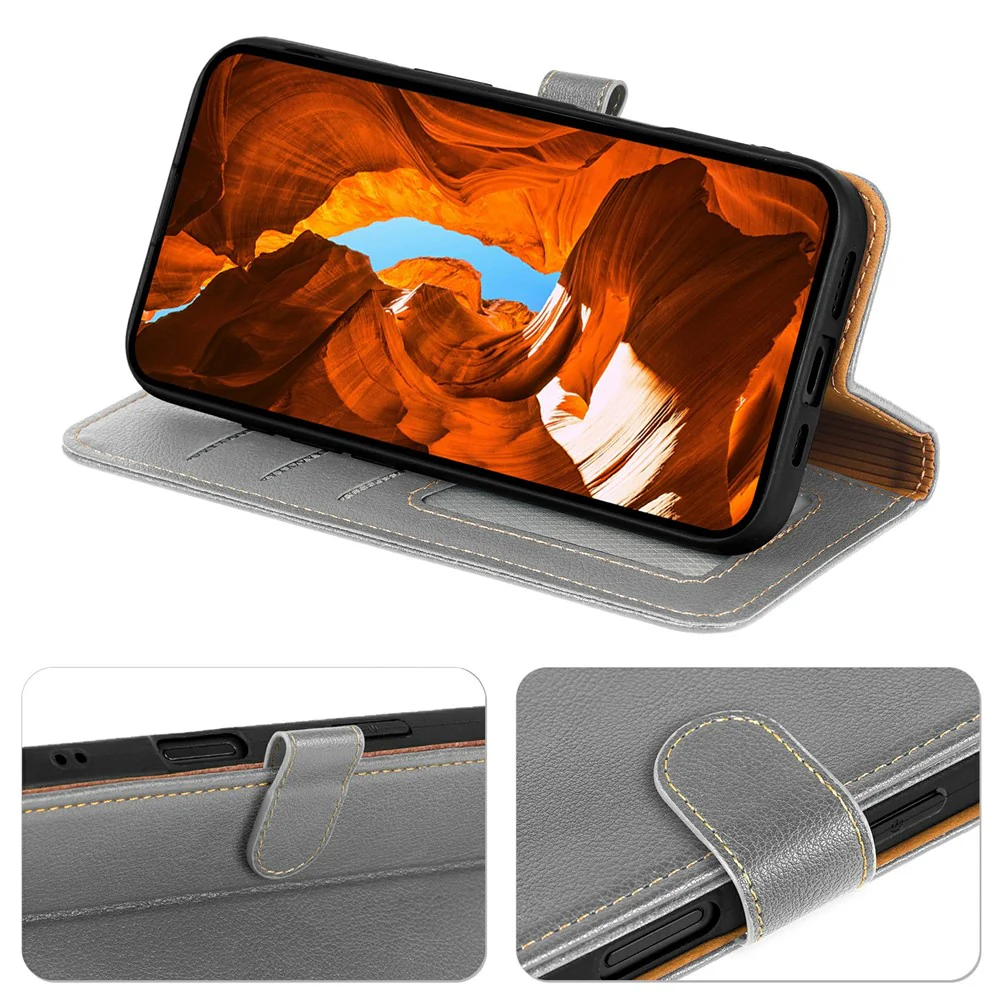 For iPhone 17 Pro Max Case RFID Blocking Wallet Litchi Texture Leather Phone Cover Magnetic Clasp - Grey - Image 3